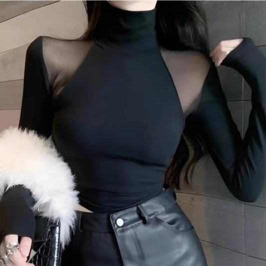 Sexy Pure Half Turtle Neck Small Mesh Splicing Slim Fit and Velvet T-shirt Base Shirt for Women in Autumn and Winter New Top.