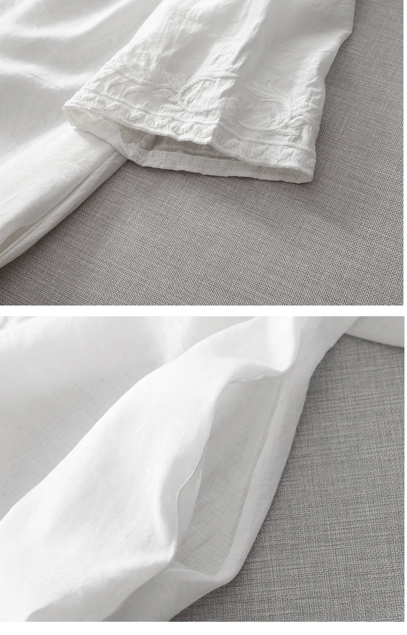 Neuankömmling 2024 Sommer Kunst Stil Frauen Kurzarm V-Ausschnitt lockeres Kleid Vintage Stickerei solide weiße A-Linie lange Kleider.