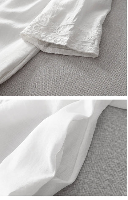 Neuankömmling 2024 Sommer Kunst Stil Frauen Kurzarm V-Ausschnitt lockeres Kleid Vintage Stickerei solide weiße A-Linie lange Kleider.