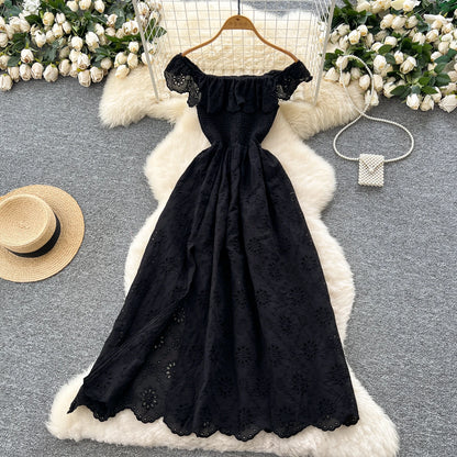 SINGREINY Schickes, ausgehöhltes Kleid mit Stickerei, Rüschen, Spleiß, schulterfrei, elastisch, gerüscht, schlank, 2025, solides, sanftes, langes Urlaubskleid.