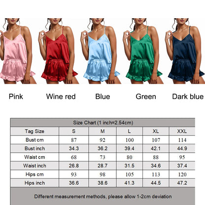 Frauen Neue Hause Tragen Sexy Hosenträger V-ausschnitt Tops Rüschen Shorts Pyjama Sets Sommer Sexy Spitze Satin Zwei Stück Pyjama Anzug.