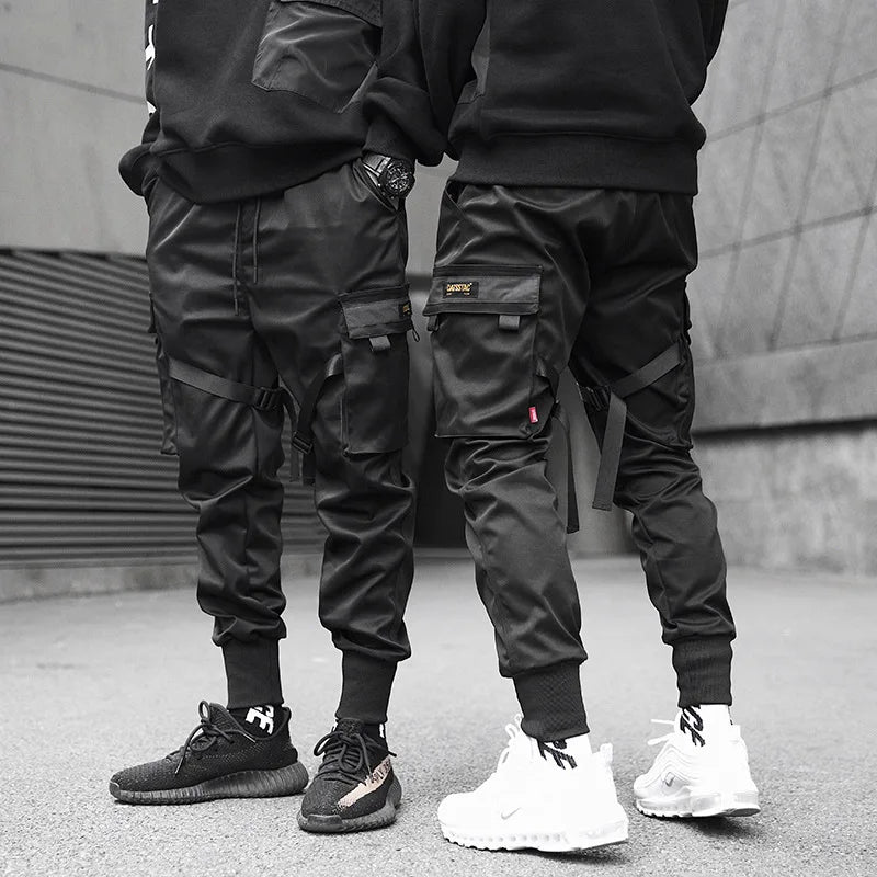 2025 Multi-pockets Ribbons Bandage Tactical  Techwear Cargo Pants Mens Harajuku Punk Hip Hop Joggers Pantalons Casual Streetwear.