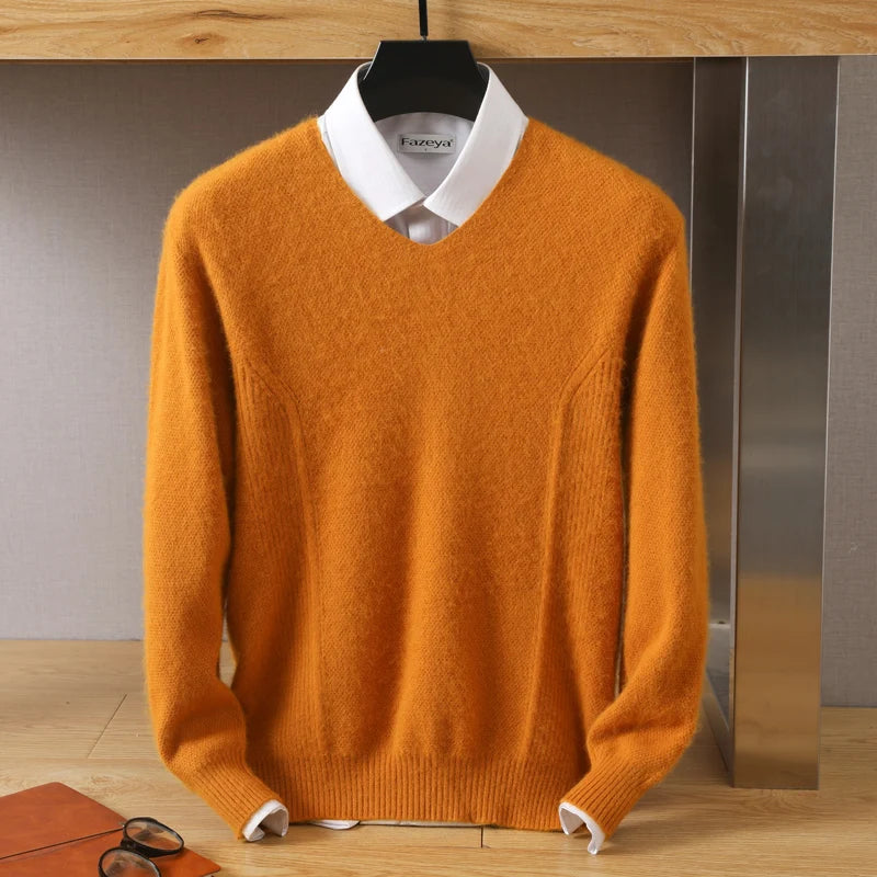 Men's 100% Pure Mink Cashmere Sweater V-Neck Pullovers Knit Large Size Mink Sweater Winter New Tops Long Sleeve High-End Jumpers.