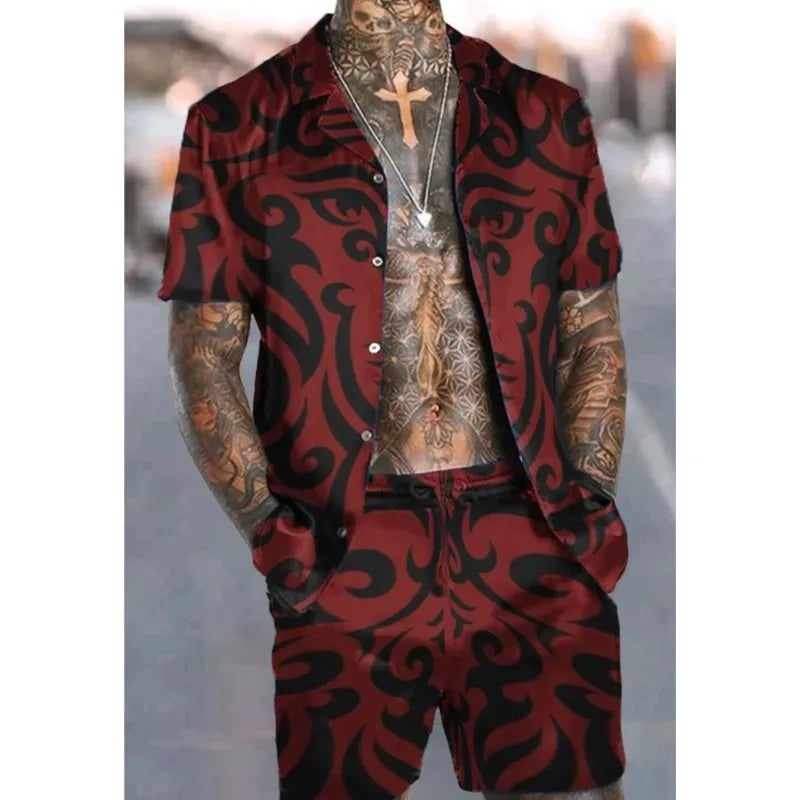 Fashion Men Sets Print Lapel 3D Print Short Sleeve Casual Hawaiian Shirt Beach Shorts 2 Pcs Set Vacation Hawaiian Man Suits.