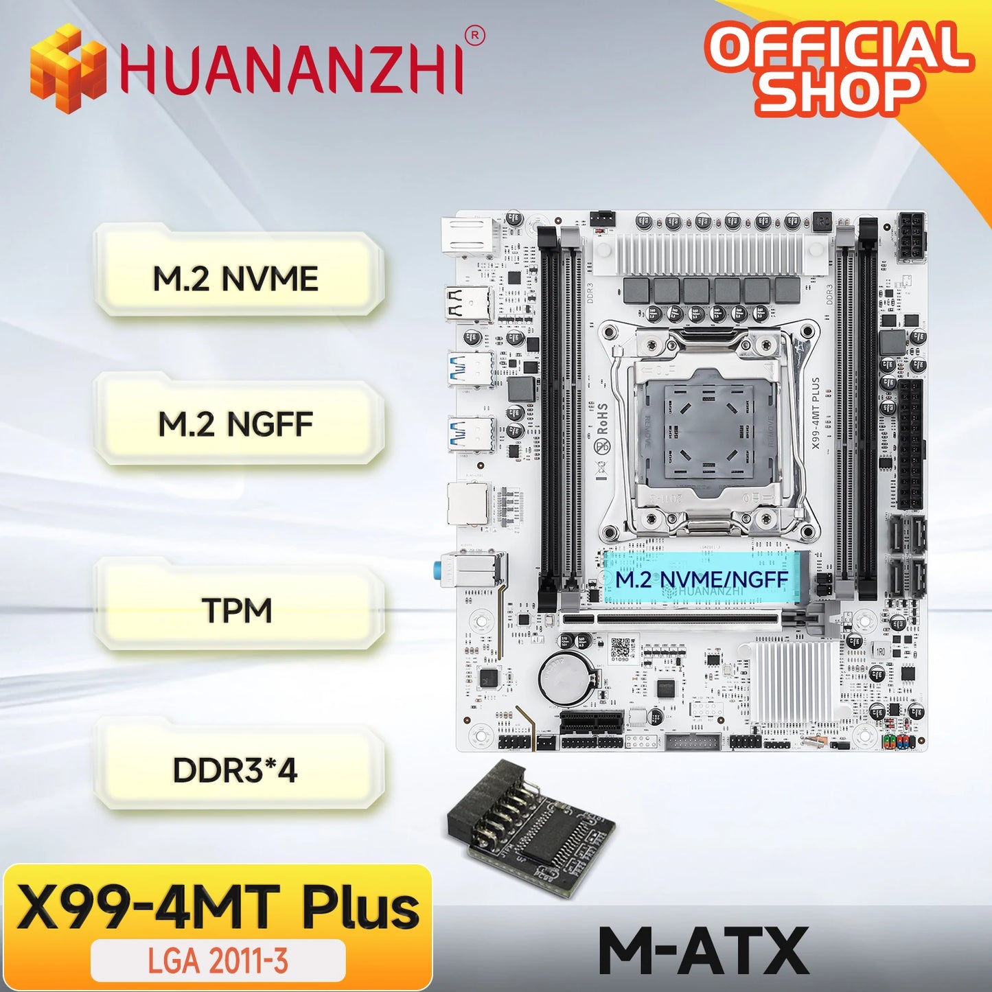 HUANANZHI X99 4MT plus LGA 2011-3 Xeon Motherboard - DDR3 Memory Support NVMe SATA for Gaming & Business Use with TPM2.0.