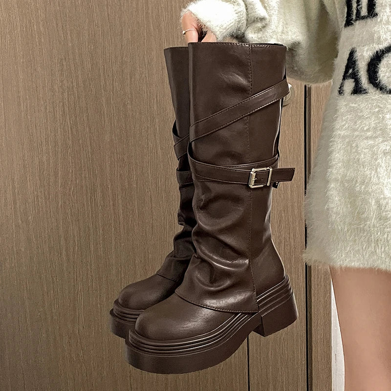 Vintage Thick Heel Women Knight Long Boots Fashion Slip On Knee High Booties Autumn Winter Shoes Zapatos De Mujer.