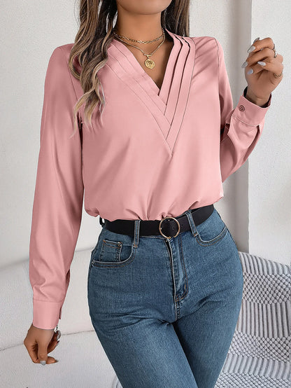 Summer And Autumn Women's Casual Shirt, Commuting Style Solid Color V-neck Long Sleeve Shirt Top
