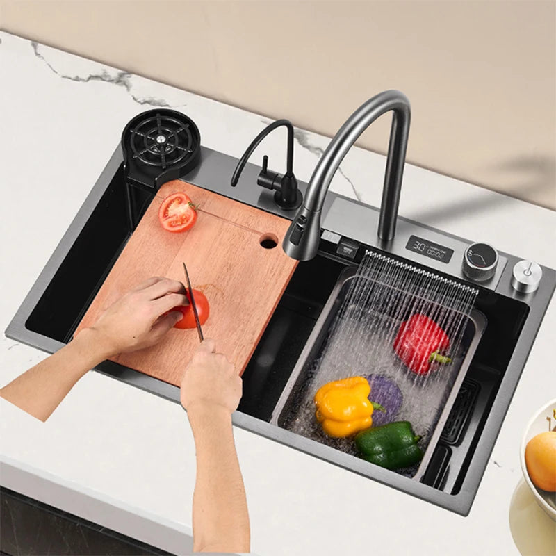 YCRAYS Digital Display Nano Kitchen Sink Large Single Bowl SUS304 Waterfall Faucet Cup Washer Purified Tap Soap Dispenser