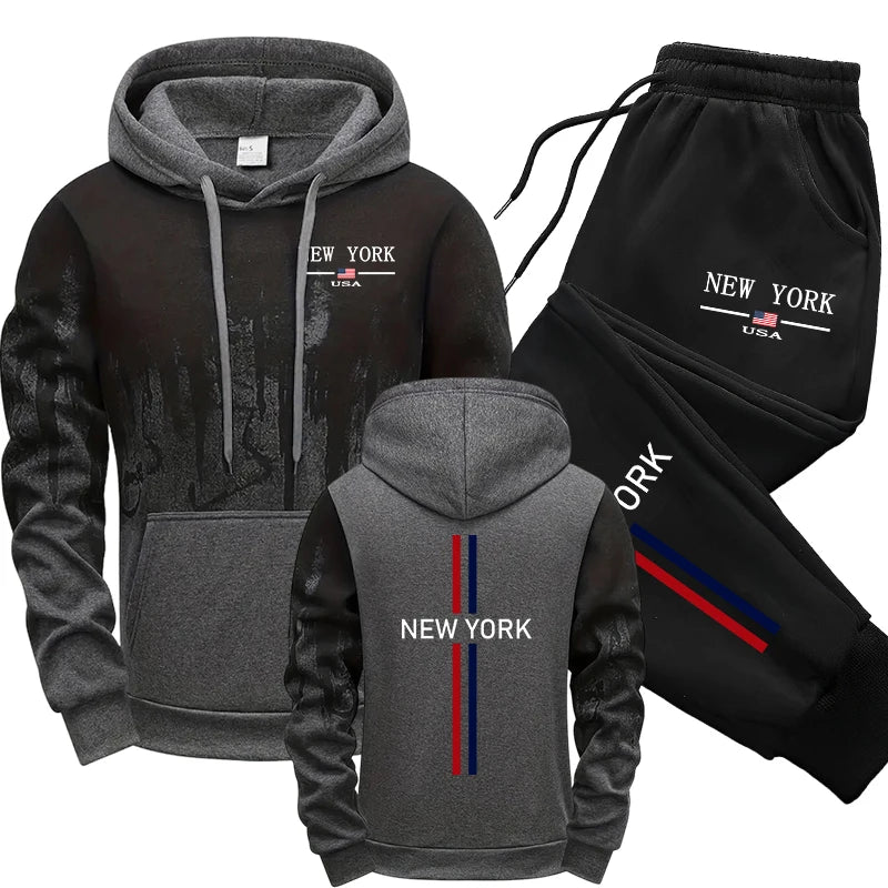 Men's Set Hooded Sweatshirt Sweatpants Fall Winter Fashion Tracksuit Male City Vibe Hoodie Outfit Outdoor Warm Casual Sportswear.