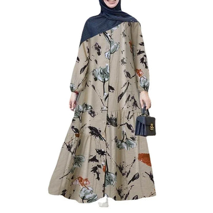 Muslim Women Abayat Cotton Linen Long Sleeve Abaya Femme Fashion Loose Casual Floral  Dress Europe America Middle East Arab.