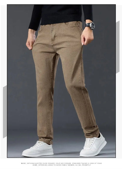 Male Brand Jeans Clothing Light Luxury Stretch Looes Fit Pants Comfortable Soft Business Fashion Straight Casual Denim Trousers.