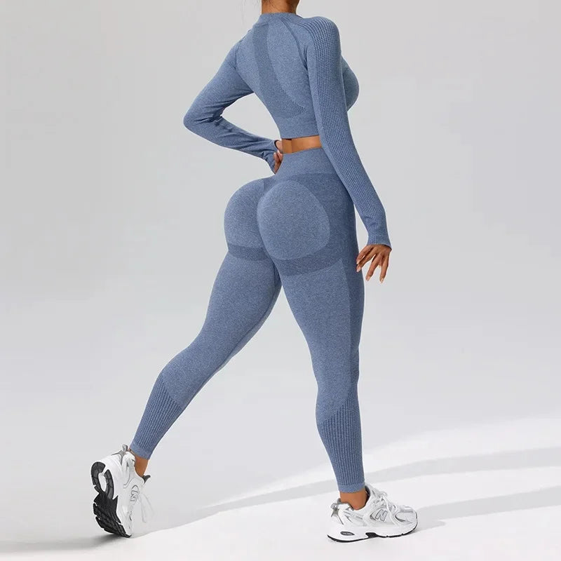 Autumn Winter Yoga Fitness Sportswear Long Sleeve Women's Top And Bottoms Quick Dry Set Finger Snap Gymnastics Outfit.