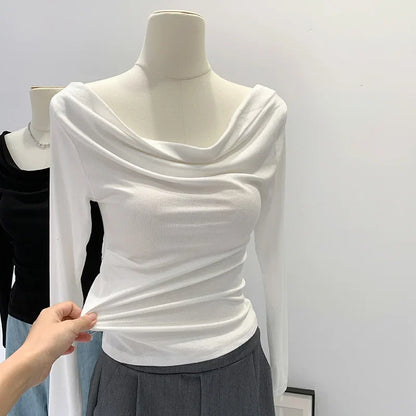 Off-The-Shoulder Long Sleeve T-Shirt Women's Early Autumn New Slimming Design Korean Style Sweet And Spicy Fashion Tops