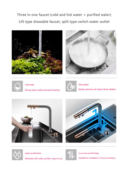 ASRAS Kitchen Sink Stainless Steel Nano Grey Kitchen Sink with Built-in Food Purifier, Hidden Cover & Adjustable Lift Faucet