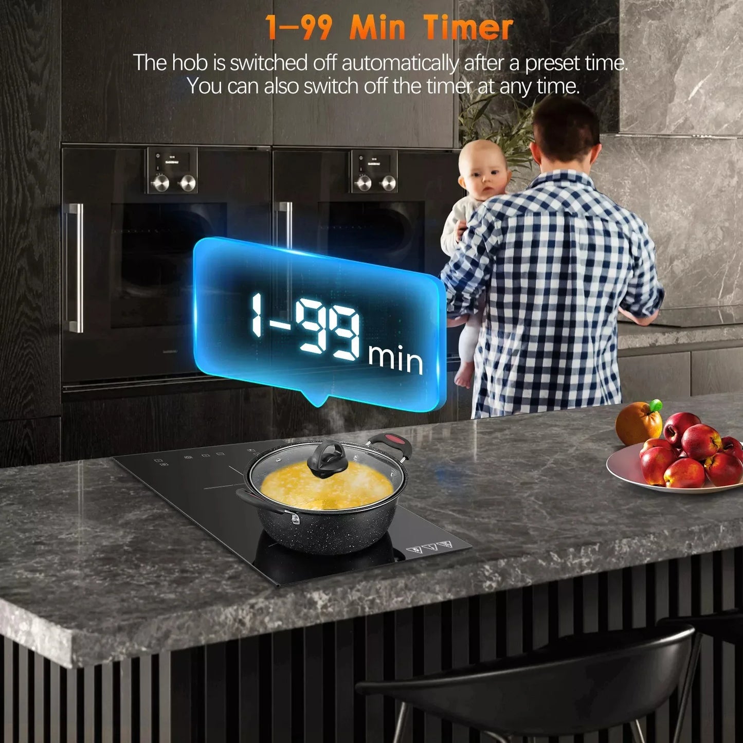 KICHPOWER 30cm 2 plates 1-99 Min Timer Touch Control 3300W Induction Hob.