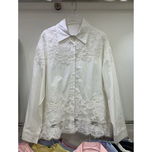 Women's Long Sleeved Striped Patchwork Lace Top 2025 Autumn Korean Fashionable Versatile Casual Shirt.