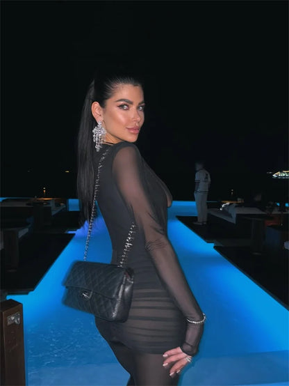 Mozision Deep V Neck Long Sleeve Sexy Jumpsuits Women Autumn Winter Patchwork See Through Ruched Club Party Jumpsuit Female