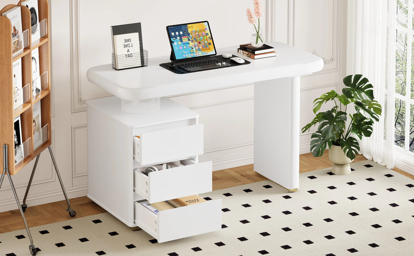 Moderner Schreibtisch 117×50×74 cm – weißes Volllack-Finish, Wolkenform, 3 Schubladen, verdickte Tischplatte und Beine, abgerundete Kurven, stabil