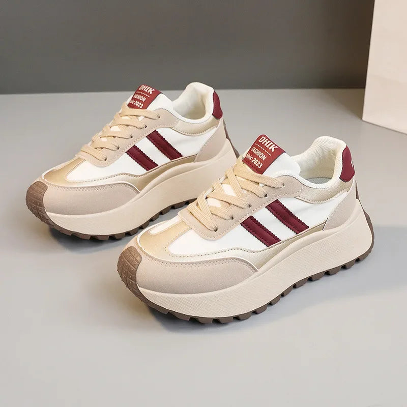 Spring Thick Bottom Women's Shoes 2025 Summer Casual Patchwork Leather Sneakers Casual Vulcanised Shoes Ladies Chaussure Femme