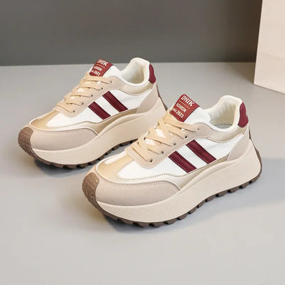 Spring Thick Bottom Women's Shoes 2025 Summer Casual Patchwork Leather Sneakers Casual Vulcanised Shoes Ladies Chaussure Femme