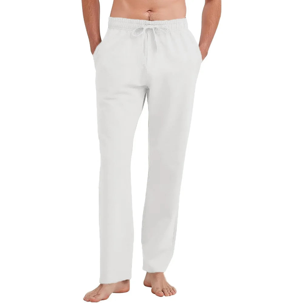 Men's Cotton Linen Straight Leg Pants Lightweight Breathable Casual Solid Color Simple Style Long Pants Elastic Waist Trousers.