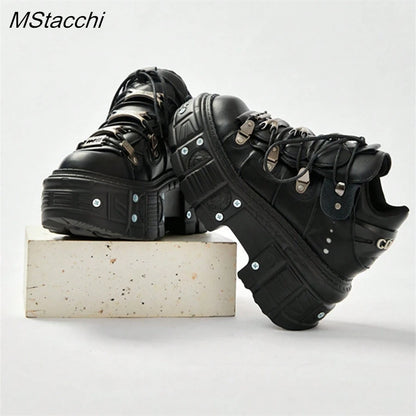 Punk Stil Frauen Schwarze Schuhe Rock Metall Dekor Lace-up Ferse Höhe Plattform Schuhe Gothic Mann Turnschuhe Frauen Stiefeletten 2025, Neue.
