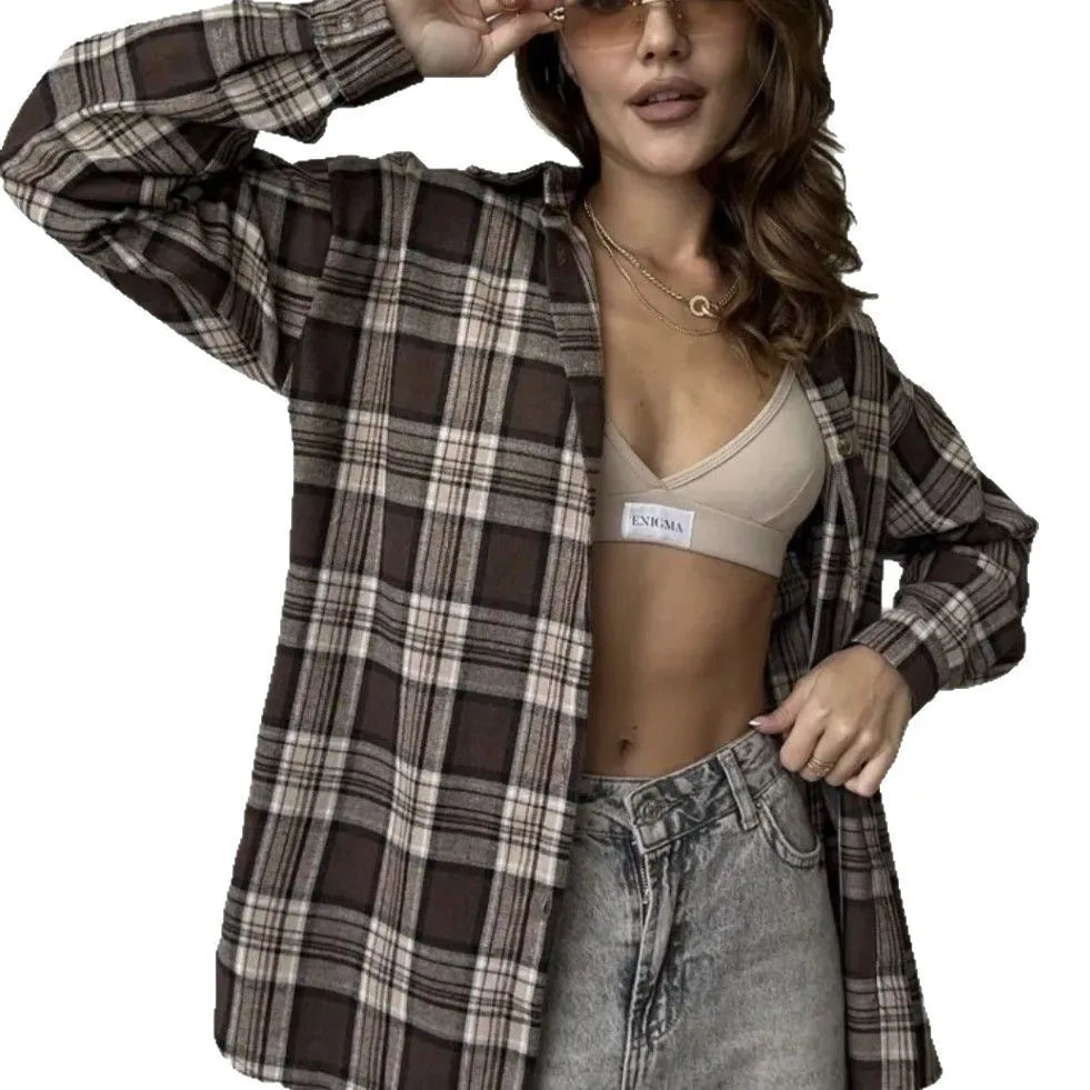Women's Casual Shirt With Retro Style And Versatile Plaid Long Sleeves For Spring And Autumn 2025 With Pockets.