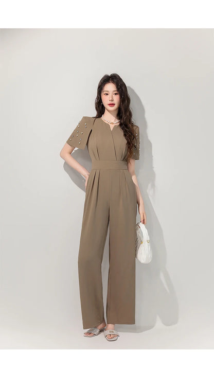 Women's Luxury Diamond-Studded Jumpsuit – Slim Fit Wide Leg Palazzo Pants, Autumn Short Sleeve Romper with High Waist.