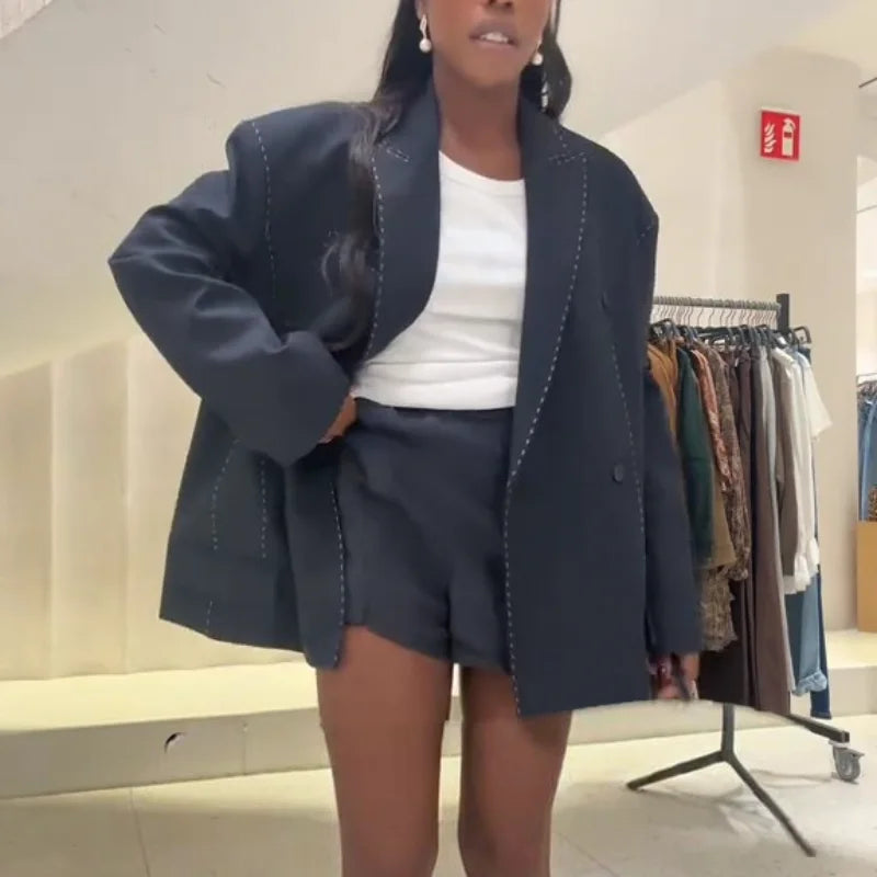 Fashion Line Suit Pants Set Women Lapel Full Sleeve Double Breast Pocket Blazer Straight Trousers 2025 Autumn Winter Lady Outfit.