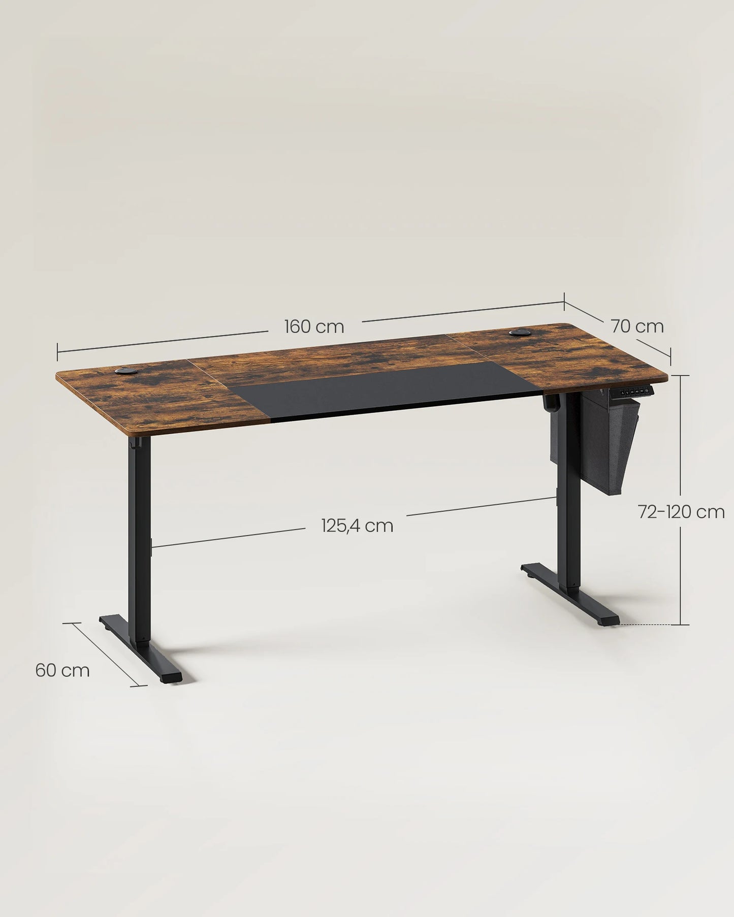 SONGMICS Höhenverstellbarer Schreibtisch elektrisch, 70 x 160 x (72-120) cm, stufenlos verstellbar, gespleißte Platte