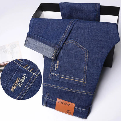 2024 New Brand Men's Fit Straight Lightweight Cotton Stretch Denim Pants Casual Male High Waist Thin Light Blue Business Jeans.