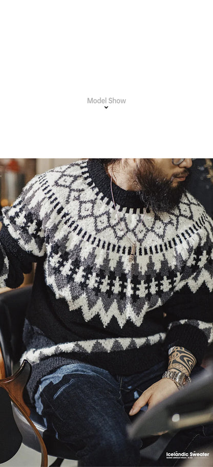 Maden Vintage Heavyweight Fair Isle Icelandic Sweater Round Neck Jacquard Bottom Knitwear Thickened Warm Pullovers for Christmas.