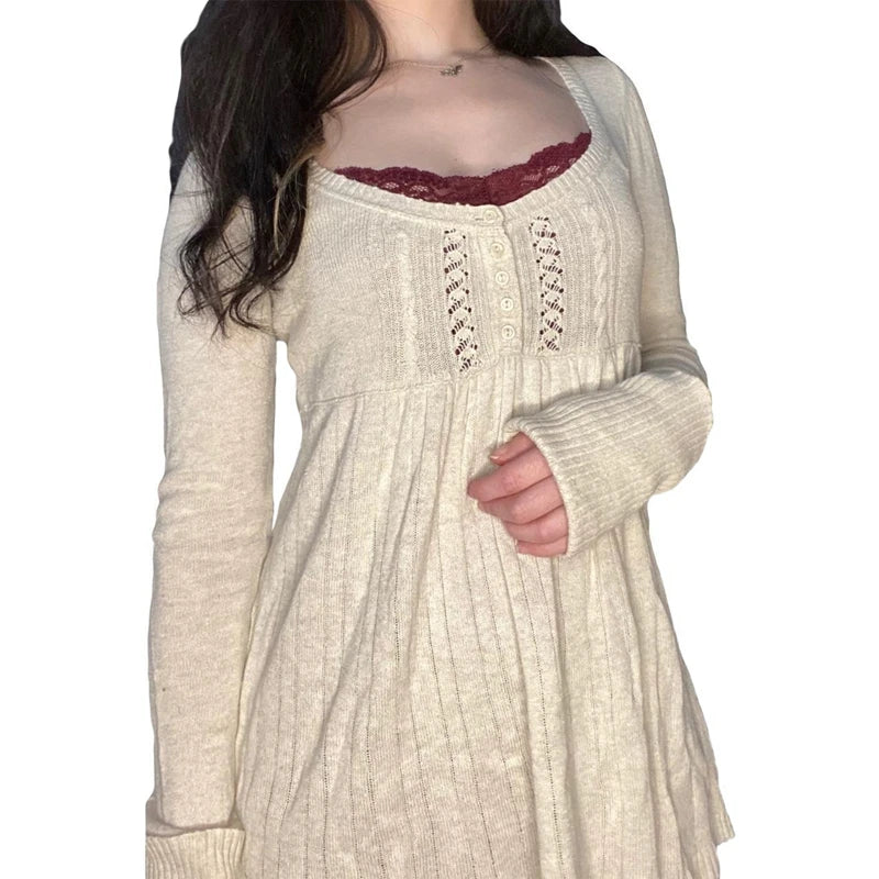 2000er Jahre Vintage Langarm Babydoll Strickpullover Tops Cottage Milkmaid Pullover Ästhetische Grunge Y2k Strickwaren T-Shirts Damen.