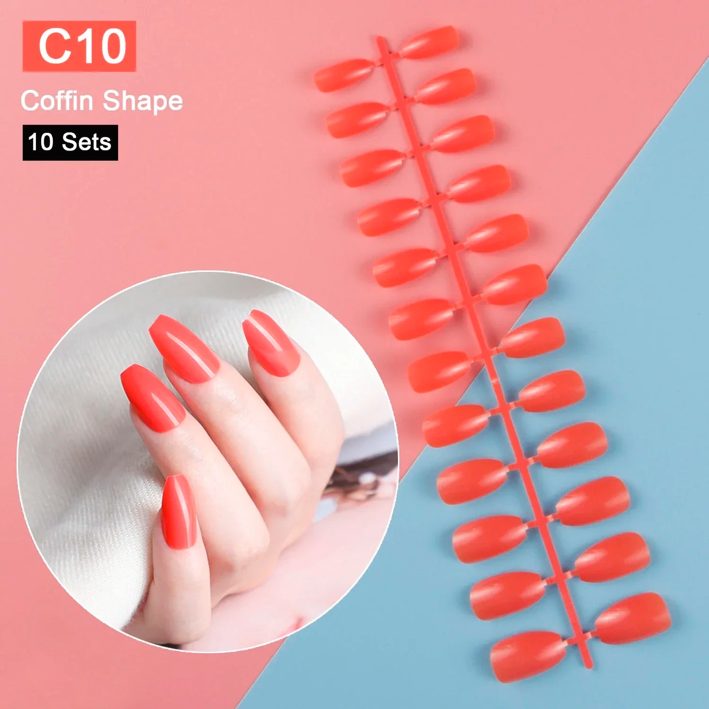10 Sets/Pack Mixed Solid Colors Coffin Round Square Almond Shape False Nails Full Cover Nail Tips Short Fake Nails Tip Manicure