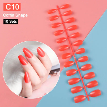 10 Sets/Pack Mixed Solid Colors Coffin Round Square Almond Shape False Nails Full Cover Nail Tips Short Fake Nails Tip Manicure