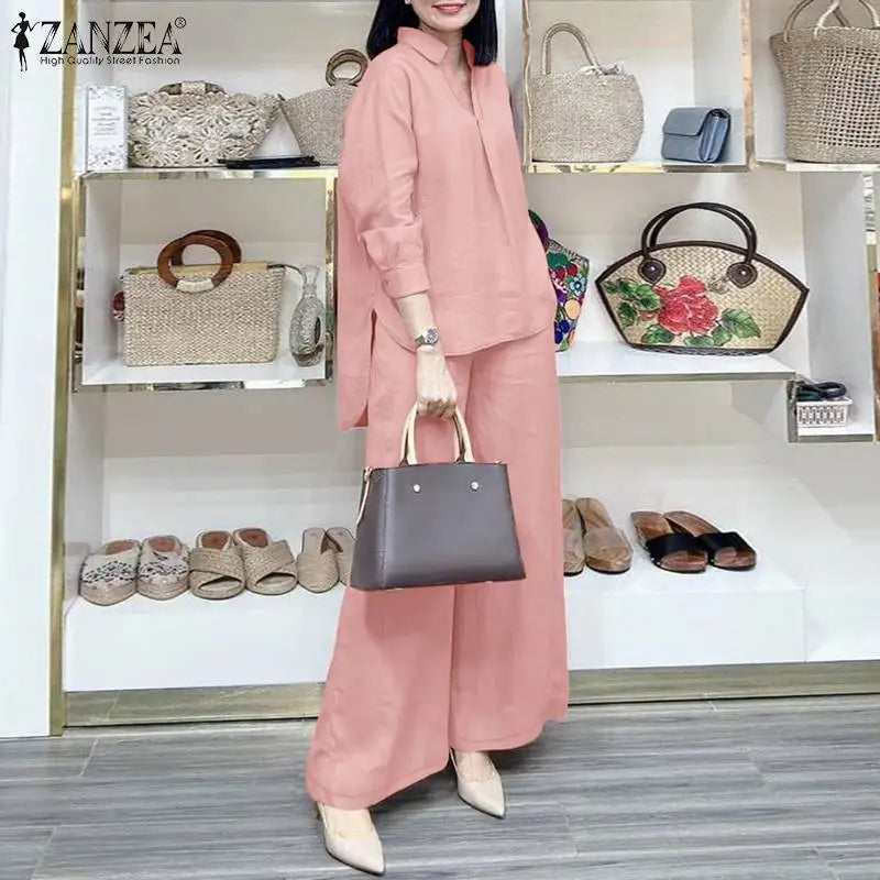 ZANZEA Fashion Women Casual Trousers Suits 2PCS Autumn Long Sleeve Blouse Solid Wide Leg Pants Sets Loose Work Tracksuit Outifit.