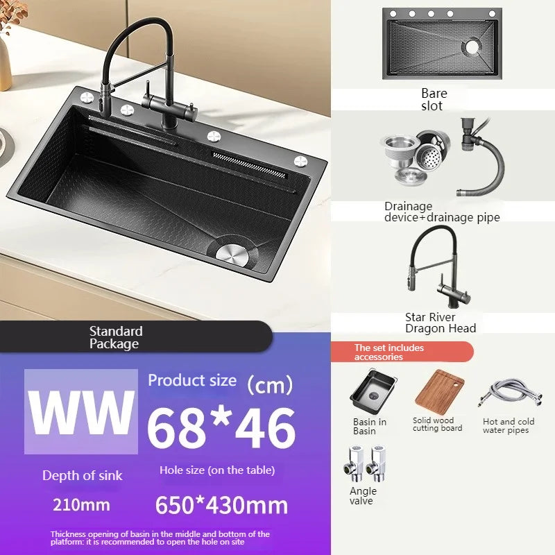 Stainless Steel Kitchen Sink With Waterfall Nano Embossed Large Single Slot Vegetable and Dishwashing Sinks Udermount Basin