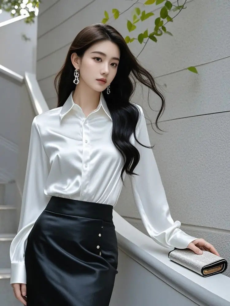 Elegant Silk Office Shirts Women Korean Fashion Y2k Clothes Slim Long Sleeve White Black Blusas Mujer Workwear Tops and Blouses.