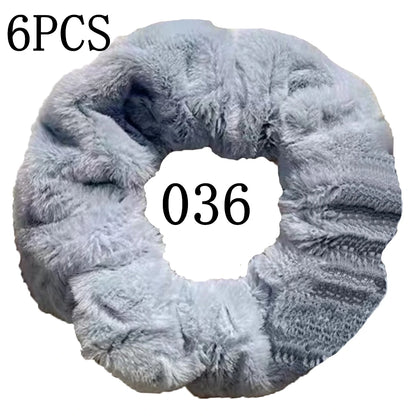 6pc Hair Scrunchies Furry Elastic Band Women Girl Ponytail Holder Rubber Ties Accessories Plush Faux Fur Soft Chiffon Headband
