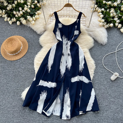 Neue Sommer Druck Süße Kleid Träger O Neck Backless Split Elegante Damen Urlaub Strand Party Midi Sommerkleid.