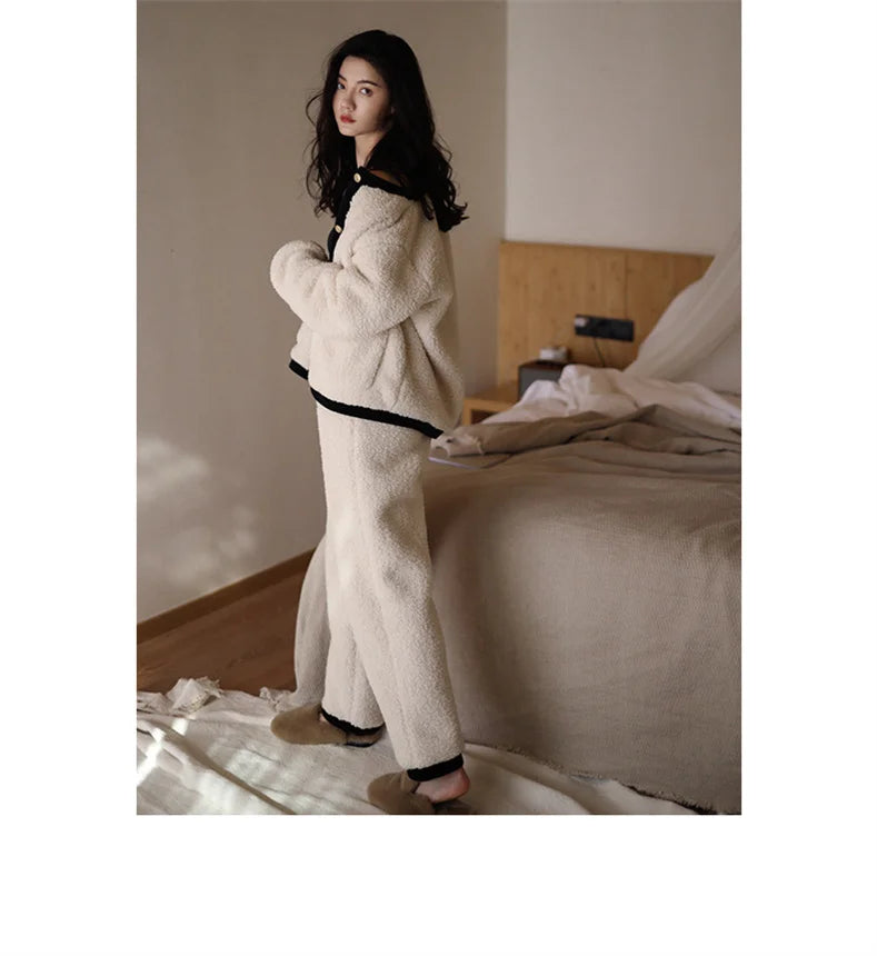Winter Women Warm Fashion Pajama Sets Sweet   Elegant French Style Girlish Leisure Thicken Flannel Comfort Pajamas.