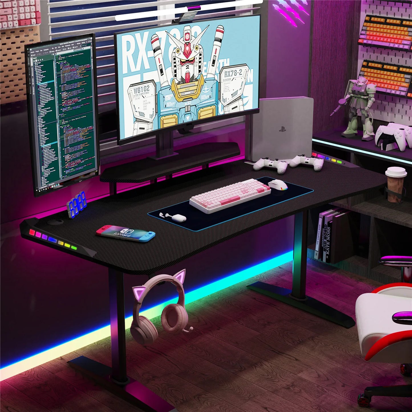 Jumbo-Gaming-Schreibtisch mit Monitor regal, großer PC-Computer tisch mit LED-Beleuchtung, Spieltisch-Gamer-Schreibtisch für Schlafzimmer, Home-Office