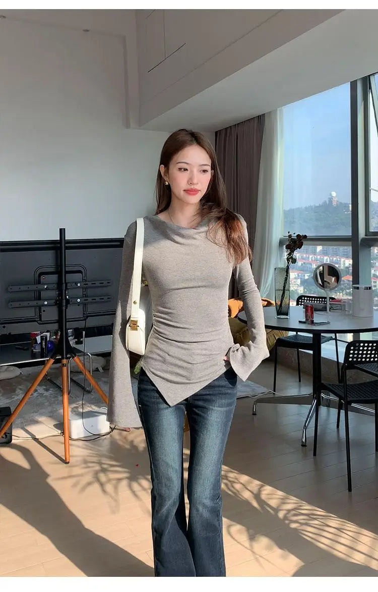 Irregular Waist Pleated Long Sleeve Base Shirt Spring T-Shirt Women's Spicy Girl One Shoulder Top Fashionable Casual Wear.
