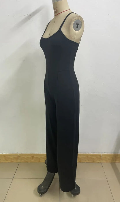 Fashionable Solid Color High Waist Bell Bottom Jumpsuit Backless Strap Casual Women's Long Pants One Piece Suit Female