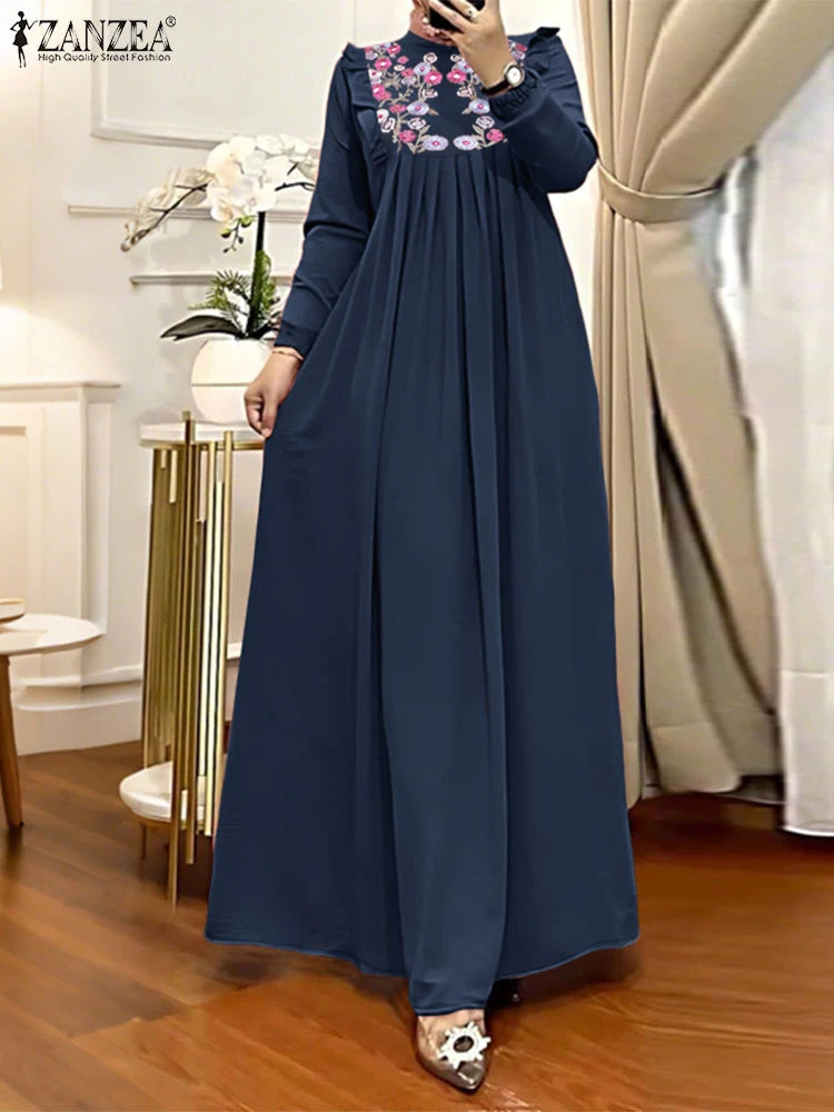 2025 Autumn Muslim Dresses Abaya ZANZEA Women Elegant Long Sleeeve Floral Dress Dubai Robe IsIamic Clothing Maxi Long Sundress