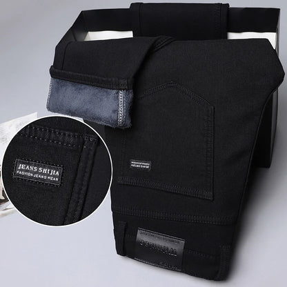 2024 Winter Brand Men Warm Fleece Jeans Fashion Thermal Business Pants Retro Classic Denim Trousers Casual Stretch Slim Jeans.