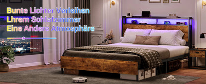 120 x 200 LED-beleuchteter Metallbettrahmen mit Steckdose und USB-Ladefunktion, Holzkopfteil, Stauraumbett B
