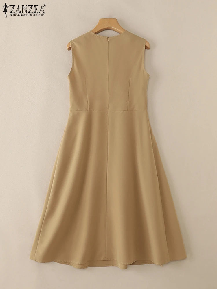 ZANZEA Elegante Frauen Plissee Midi Kleider Ausgestattet Taille Ärmel Solide Party Vestidos 2025, Sommer O Neck Pendeln Roben Femme.