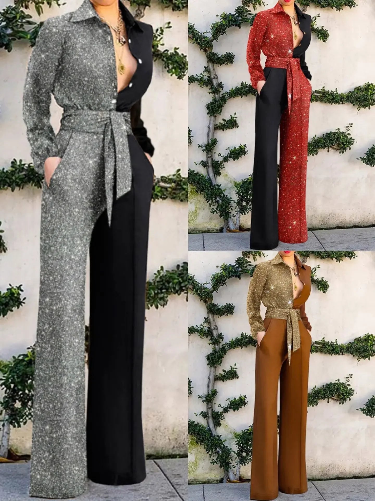 Women Single Breasted Button Overall Pants Jumpsuit High Waist Sashes Turn Down Neck Jumpsuits Colorblock Patchwork.