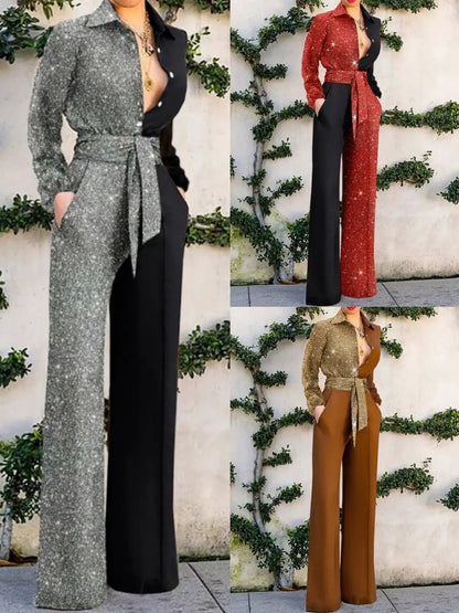 Women Single Breasted Button Overall Pants Jumpsuit High Waist Sashes Turn Down Neck Jumpsuits Colorblock Patchwork.